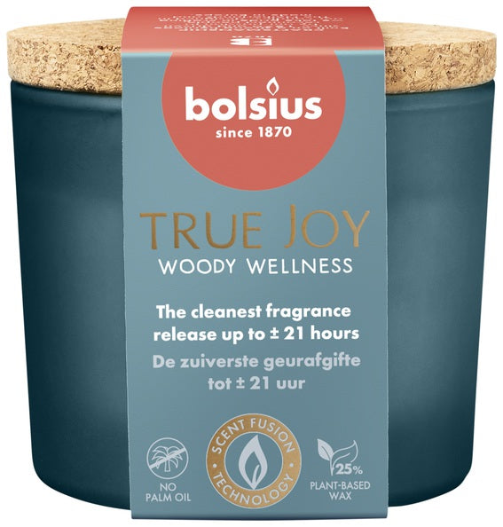 Bolsius bicchiere profumato con coperchio in sughero true joy woody wellness ø83x66 mm 21 ore (6 pezzi)