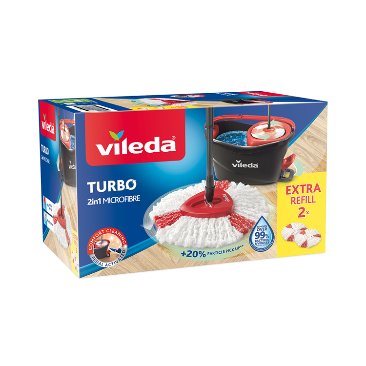 Vileda turbo mopset + 2 vervangende koppen - pedaalsysteem met 2 vervangingen - microvezelmop 2in1