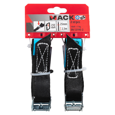 Mack 1072103 - 2 cinghie di tensionamento con morsetto a molla 25mm - 2,5m max250kg | 3 pezzi