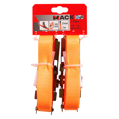 Mack 1072106 - 2 cinghie di tensionamento PE, tenditore a cricchetto 25mm-5m max 500kg | 5 pezzi