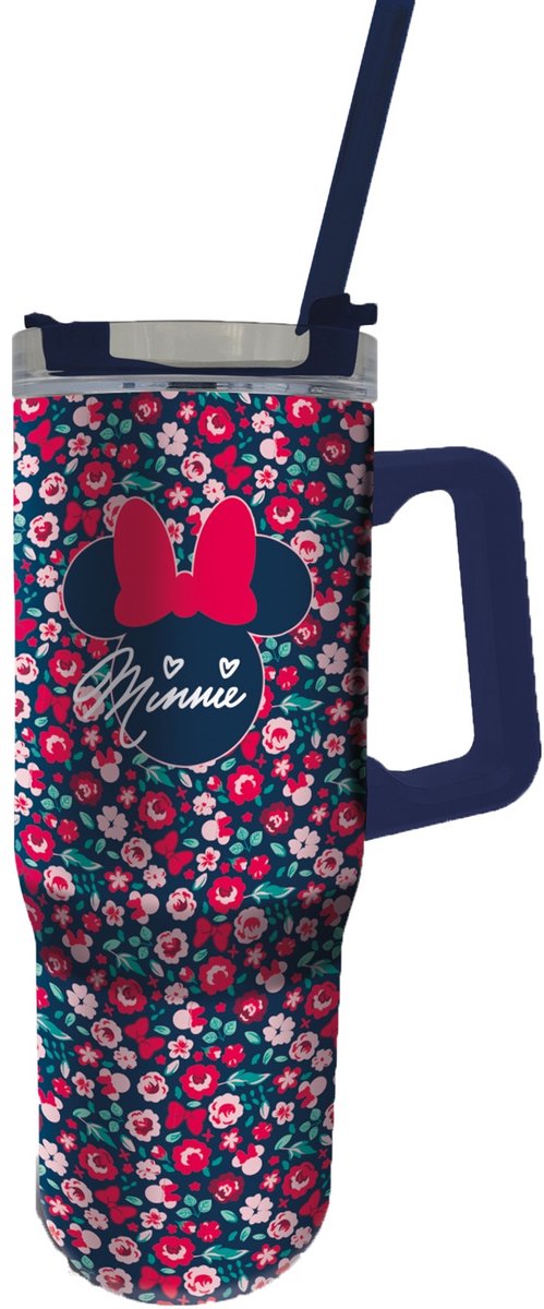 Taza rambler de acero inoxidable minnie mouse xxl de stor - vaso térmico 1l - con asa y pajita - doble pared - a prueba de fugas - disney