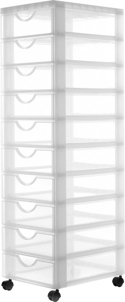 Cómoda Iris easygrip - 10 cajones x 7,5 l - plástico - blanco transparente - con ruedas