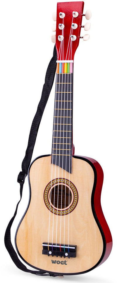 Chitarra giocattolo in legno Woet ® con tracolla - marrone naturale - strumento giocattolo - la mia prima chitarra con libretto di musica - suona la chitarra per bambini - dai 3 anni