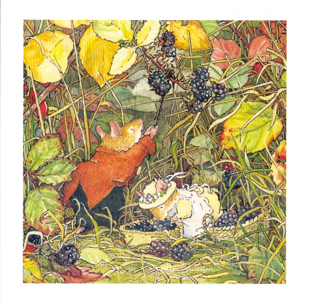 Card+envelope. picking blackberries. 16x16 cm.