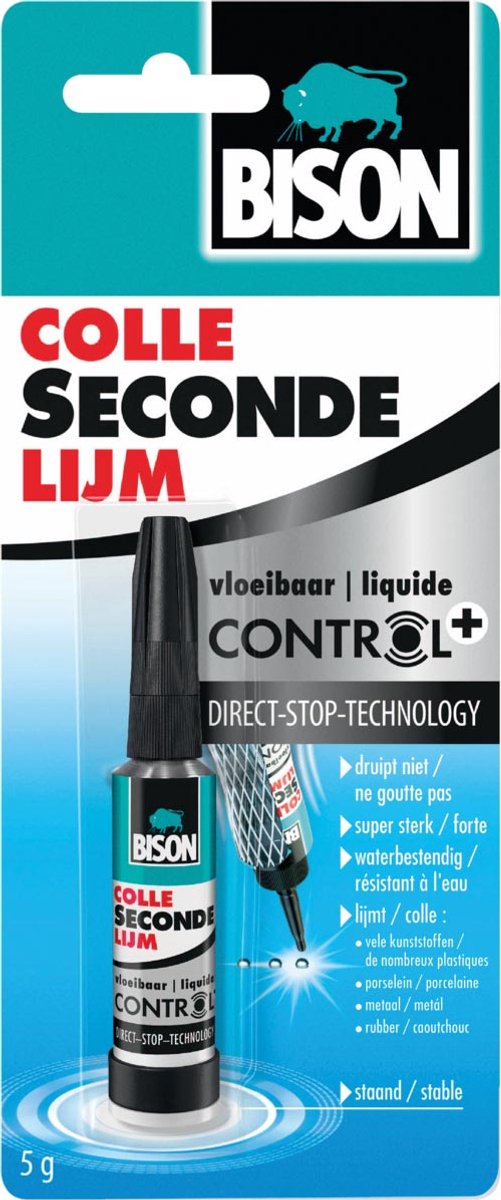 Bison secondelijm vloeibaar control 5g, sterke secondelijm, direct stop technologie, vaatwasser bestendig, water resistent, voor iedere reparatie in en om het huis