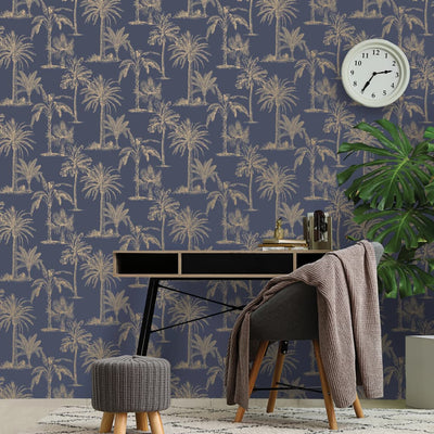 DUTCH WALLCOVERINGS DUTCH WALLCOVERINGS Behang Tropical Trees marineblauw en zilverkleurig