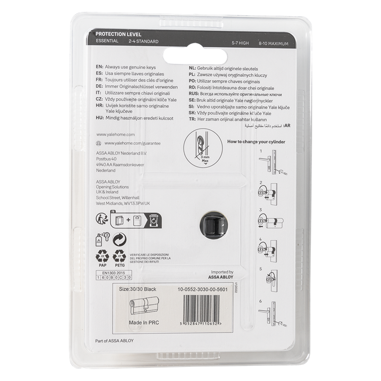 Yale 1070952 - cilindro perfil 500 negro mate 60mm (30 30) | 2 piezas