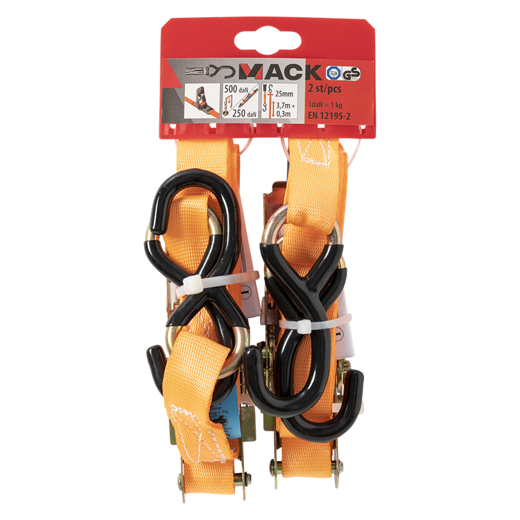 Mack 1072108 - 2 correas tensoras pe, tensor de trinquete 25mm-4m max 500kg 2d,2 s ganchos | 5 piezas