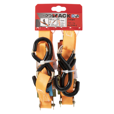 Mack 1072108 - 2 cinghie di tensione pe, tenditore a cricchetto 25mm-4m max 500kg ganci 2d,2 s | 5 pezzi