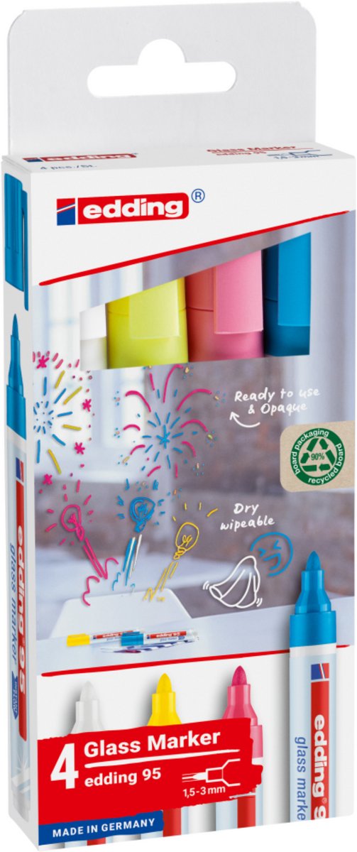 Set pennarelli per vetro Edding 95 con 4 colori - bianco, giallo, rosa, azzurro - punta rotonda 1,5-3 mm - adatto anche per lavagne bianche - lavabile a secco