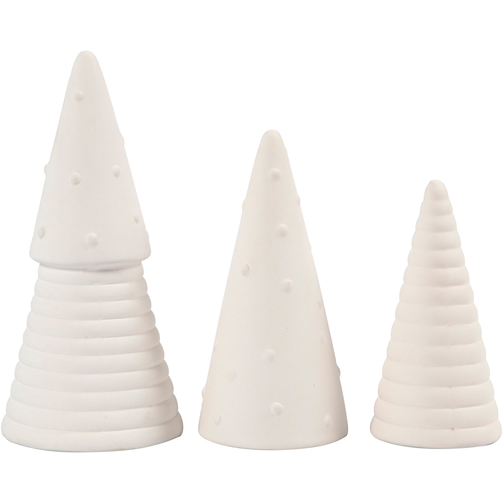 Creativ company alberi di Natale, h: 10+12+15 cm, p 5+6+7 cm, bianco, 3 pezzi 1 scatola