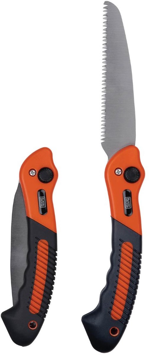Sierra de rama plegable black+decker - 22,5 x 6 x 3,5 cm - cabezal de corte dentado de acero - naranja negro
