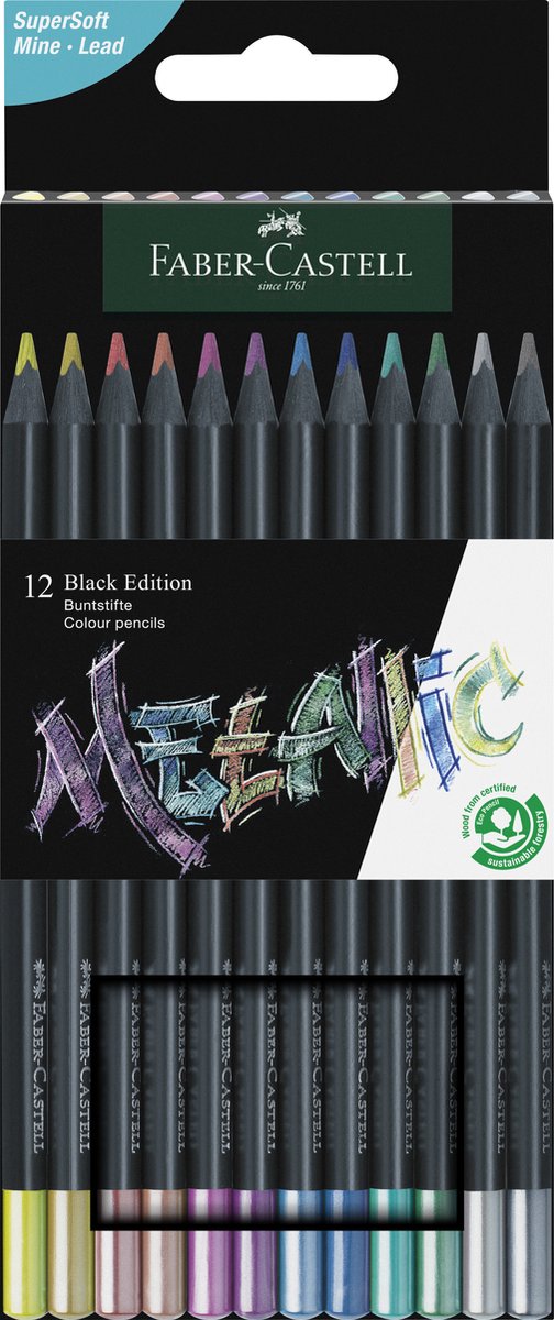 Faber-castell kleurpotlood - black edition - 12 stuks metallic in karton etui - fc-116415