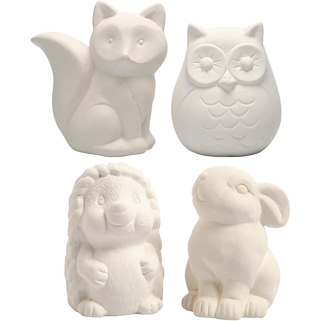 Creativ Company Hucha con animales, búho, zorro, erizo, liebre, h: 9-10 cm, blanco, 4 piezas 1 caja