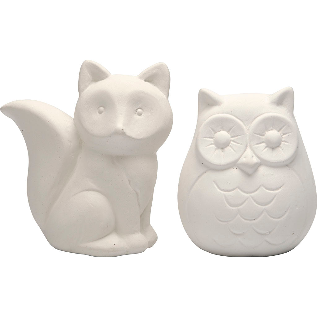 Creativ Company Hucha con forma de animal, búho y zorro, h: 9 cm, blanco, 2 piezas 1 caja