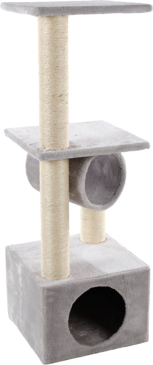 Tiragraffi Flamingo – Baretti Grigio Ecru – 35x35x103 cm – Tiragraffi con tunnel, piattaforme per la casa – Elegante tiragraffi – per tutte le razze di gatti