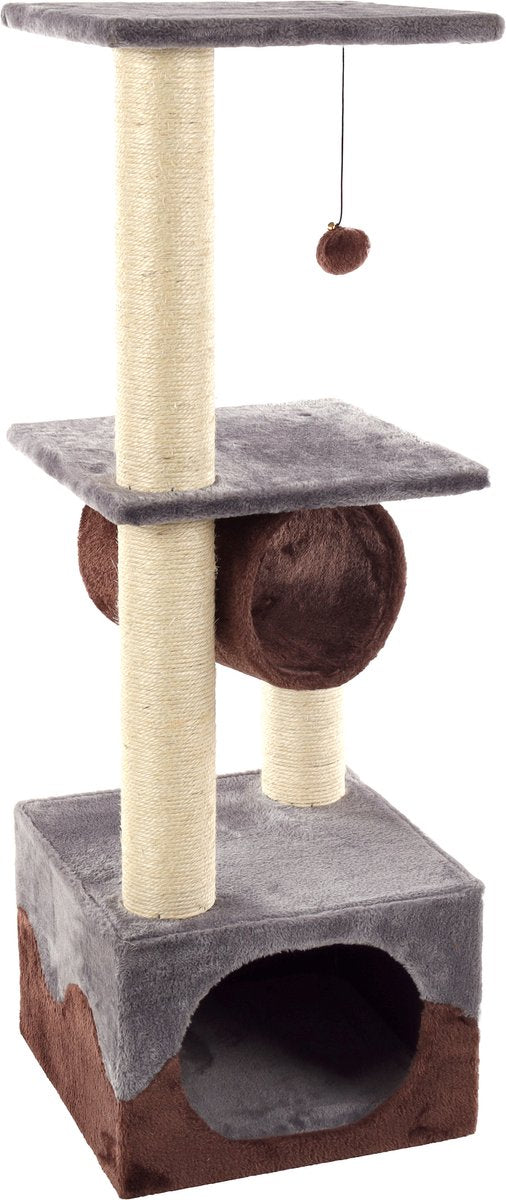 Rascador Flamingo – Kangri 5 gris marrón – 35 × 35 × 102 cm – Rascador de sisal – con túnel, plataformas para tumbarse en casa – para gatos