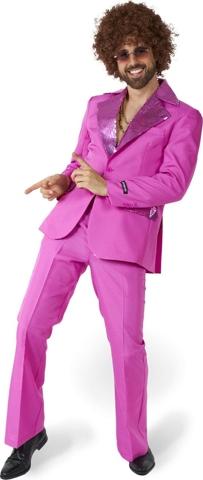 Costume da discoteca Suitmeister - abito da uomo - abbigliamento da carnevale - costume da febbre del sabato sera - inclusa giacca e pantaloni a zampa d'elefante - rosa - taglia: m