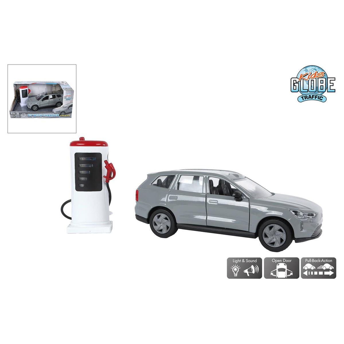 Kids globe volvo ex90 met oplaadpaal licht geluid die cast pull back 13,5cm