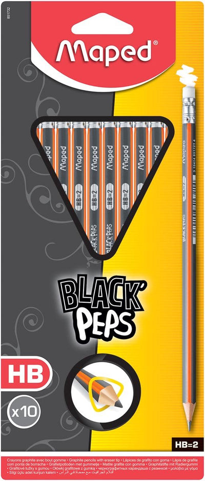 Maped office maped black'peps pencil with eraser hb, blister with 10 pieces