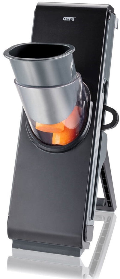 Mandolina Gefu stando - tagliaverdure con vassoio di raccolta - fetta regolabile e taglia julienne - taglio sicuro - lame da taglio in acciaio inox