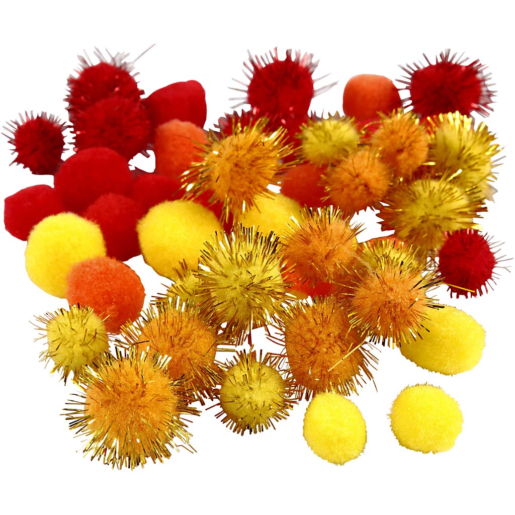 Pompones creativ company, d 15+20 mm, naranja, rojo, amarillo, 48 div 1 caja