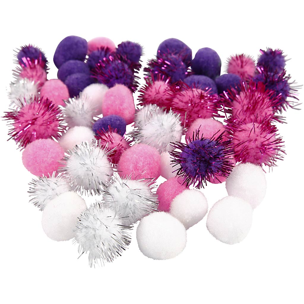 Pompones Creativ company, d 15+20 mm, violeta, rojo claro, blanco, 48 div 1 caja