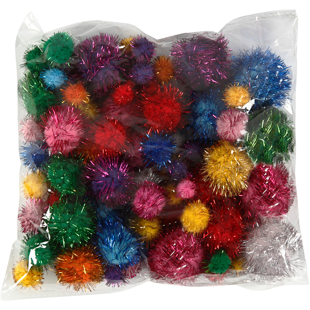 Pompones Creativ Company, d 15-40 mm, purpurina, aprox. 75 piezas, colores fuertes, 62 g 1 caja