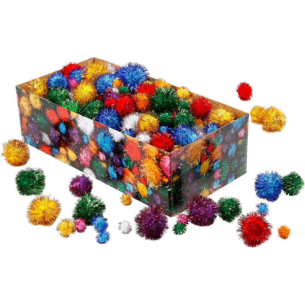 Pompon Creative Company, d 15-40 mm, glitter, ca. 400 pezzi, colori forti, 400 gr 1 scatola