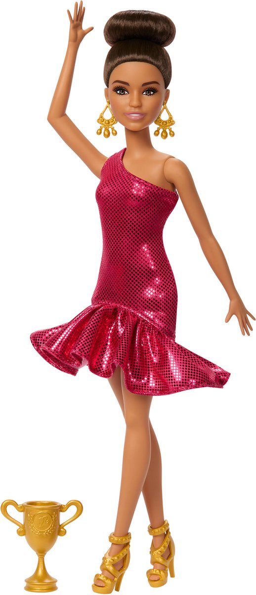 Muñeca Barbie Mattel bailarina de salón con accesorios y detalles dorados.