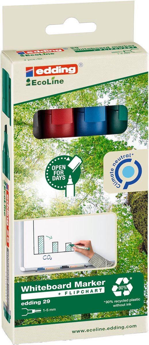 Pennarello Edding 29 ecoline - 4 pezzi - nero blu rosso verde - punta a scalpello 1-5 mm - adatto per lavagna bianca e lavagna a fogli mobili