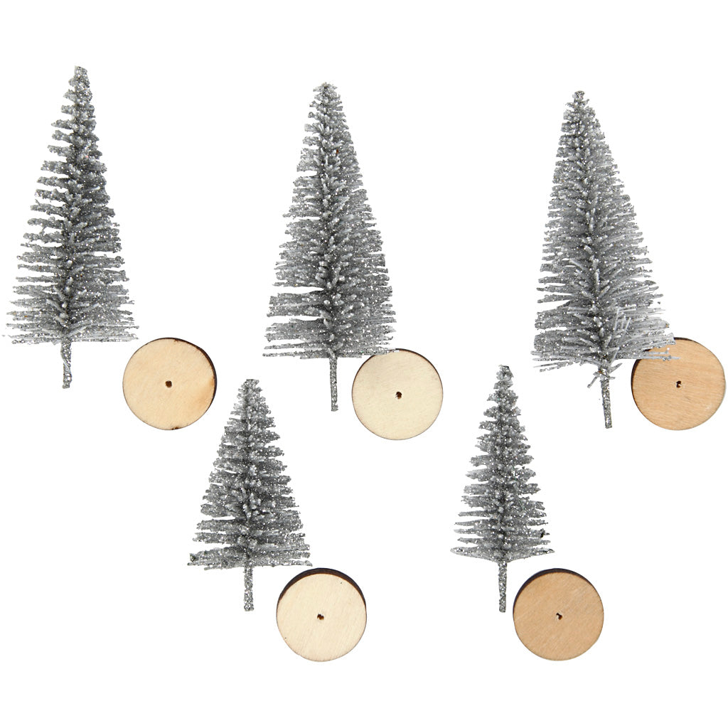 Creativ company Árboles de Navidad, h: 40+60 mm, plateado, 5 piezas 1 caja
