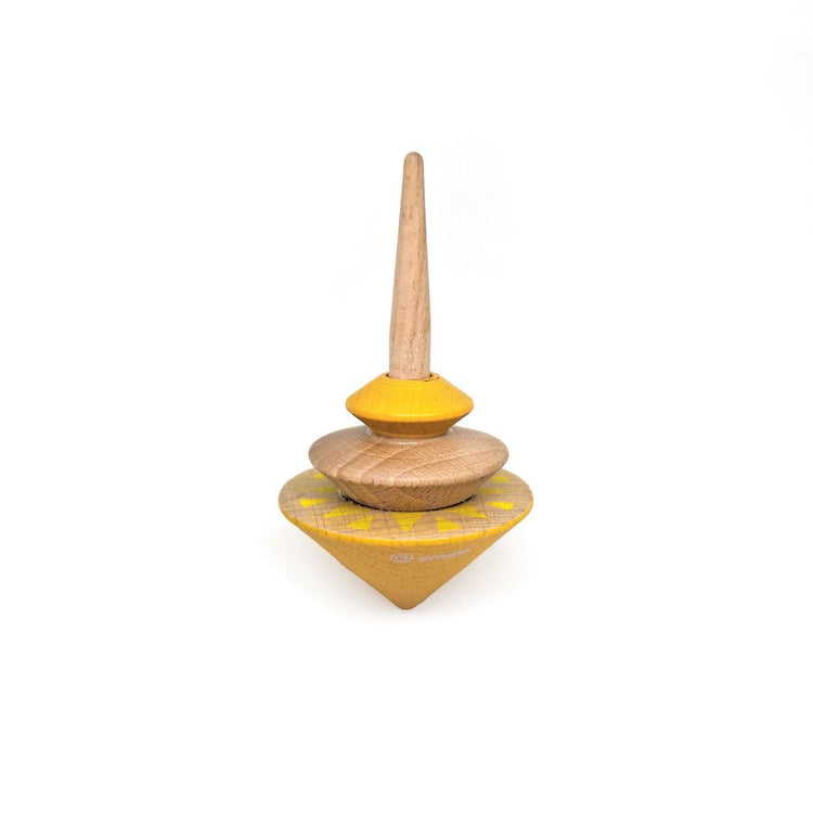 Trottola in legno geom gialla. 8×5×15 cm. 5+
