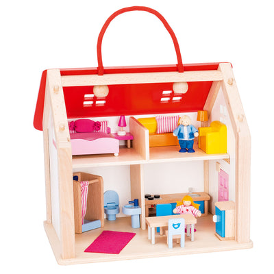 Goki Wooden Dollhouse maleta con accesorios