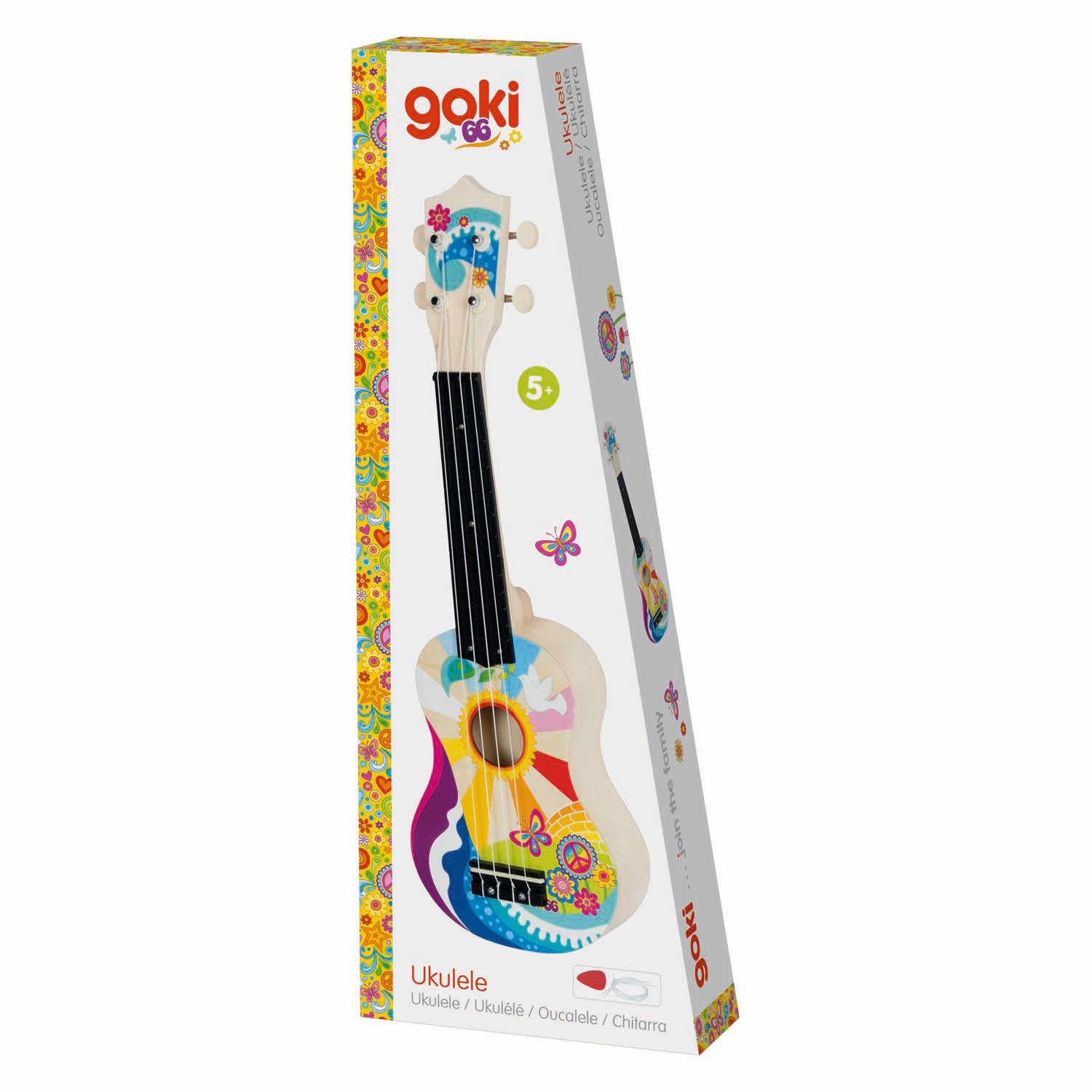 Ukelele de madera goki flower power