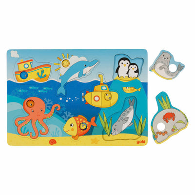 Goki puzzle con sfondo in legno animali marini, 7 pz.