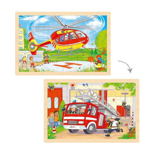 Puzzle in legno Goki - elicottero e camion dei pompieri - 24 pezzi.