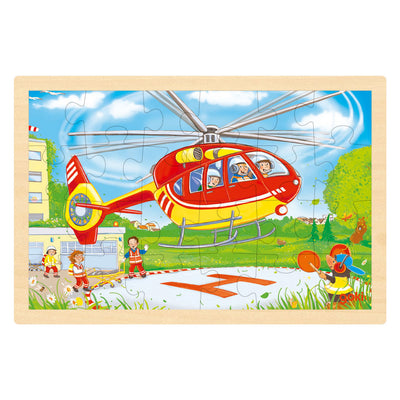 Puzzle de madera Goki - helicóptero y camión de bomberos - 24 piezas