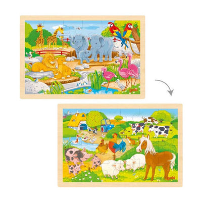 Rompecabezas de madera Goki - granja y zoológico - 24 piezas.