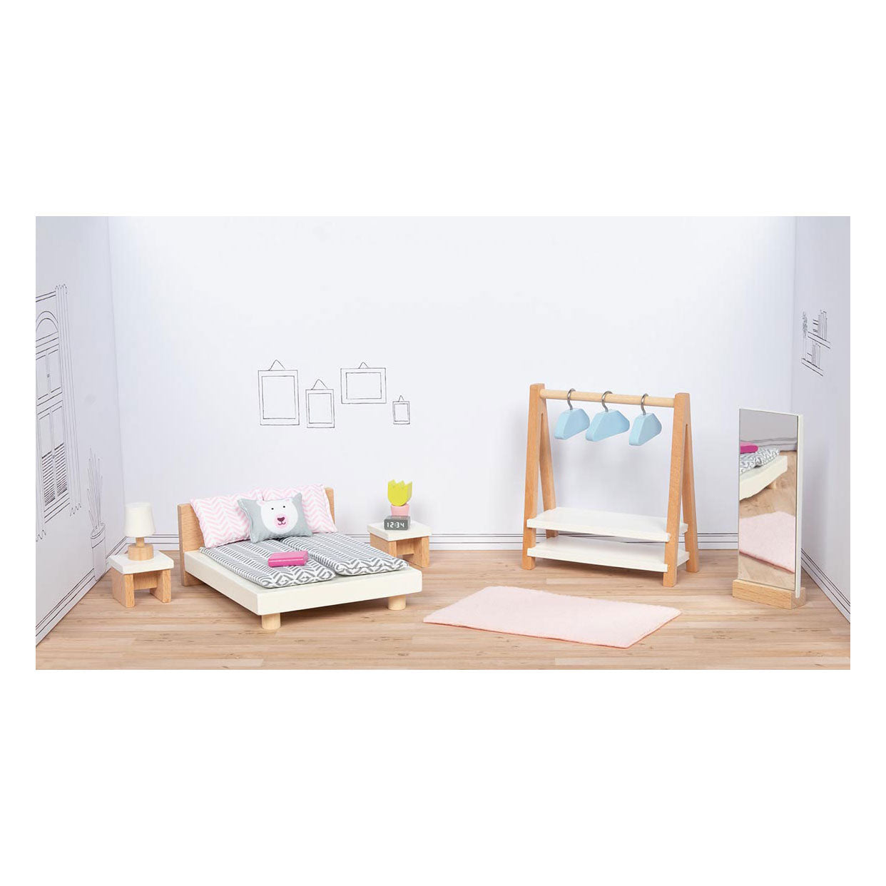 Camera da letto per mobili per burattini in legno Goki, 18dlg.