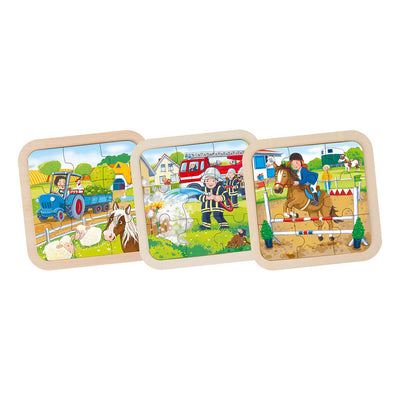 Goki Wooden Jigsaw Puzzle Farm, Fire Brigade, Horse, 9st.