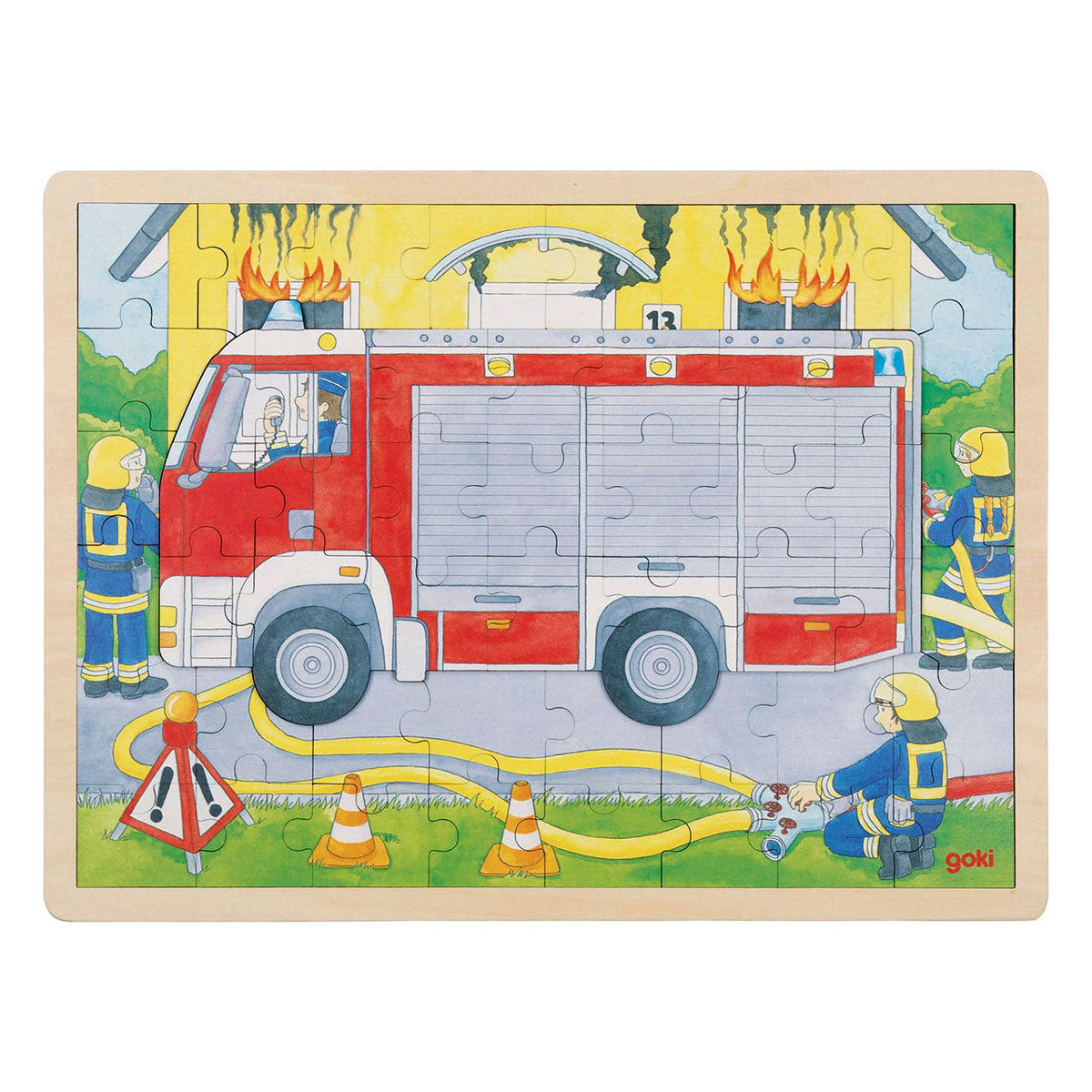Goki Wooden Strayer Puzzle Fire Brigade al lavoro, 60 °.