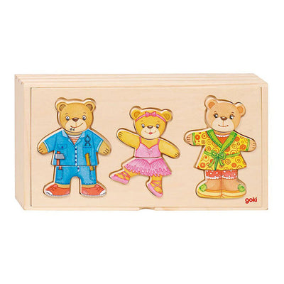 Goki Wooden Dressing Puzzle Bears en Houten Box, 36º.