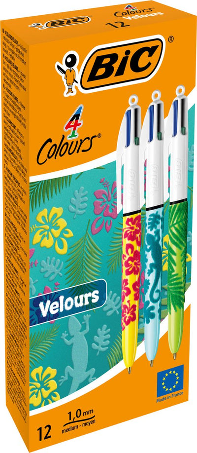 Bolígrafo retráctil Bic de terciopelo de 4 colores - diferentes decoraciones selva - caja de 12 piezas - punta media 1 mm