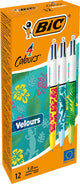 Bic 4 kleuren velours uitschuifbare balpen - verschillende jungle decors - doos van 12 stuks - medium punt 1 mm
