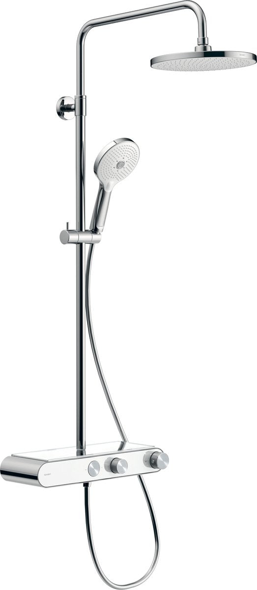 Scaffale per sistema doccia a pioggia Duravit 1050 – termostatico – 3 tipi di getto – con ripiano – bianco cromato lucido
