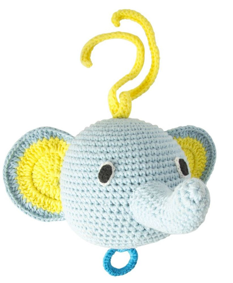 Música elefante tejido a crochet azul claro. 3+