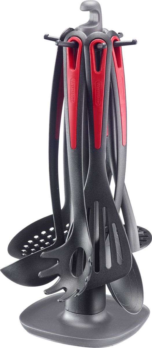 Utensilios de cocina Westmark - galleta estándar giratoria con machacador de patatas, cuchara para verduras, cuchara para espaguetis, cuchara sopera, espumadera y espátula - negro rojo, juego de 7 piezas