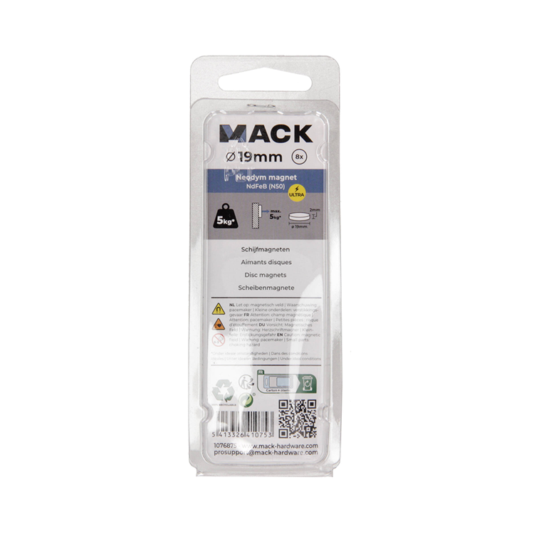 Mack 1076875 - dischi magnetici al neodimio 19mm*2mm (n50) - argento 8pz | 4 pezzi