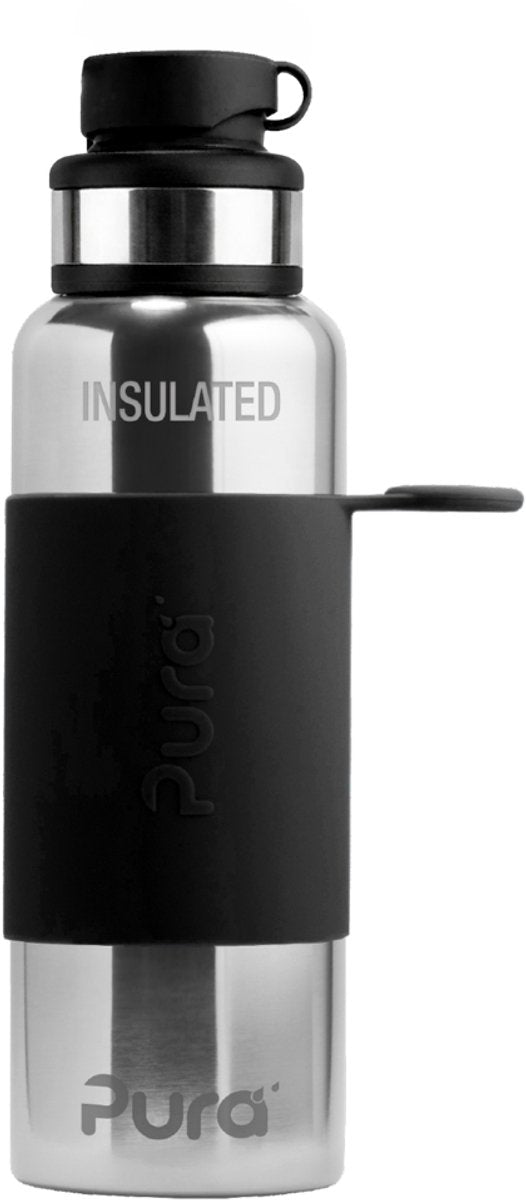 Borraccia sportiva Pura Thermos da 650 ml - thermos - tazza thermos - senza plastica - con doppia parete - incluso tappo sportivo e manica sportiva - la parte superiore è intercambiabile - nera